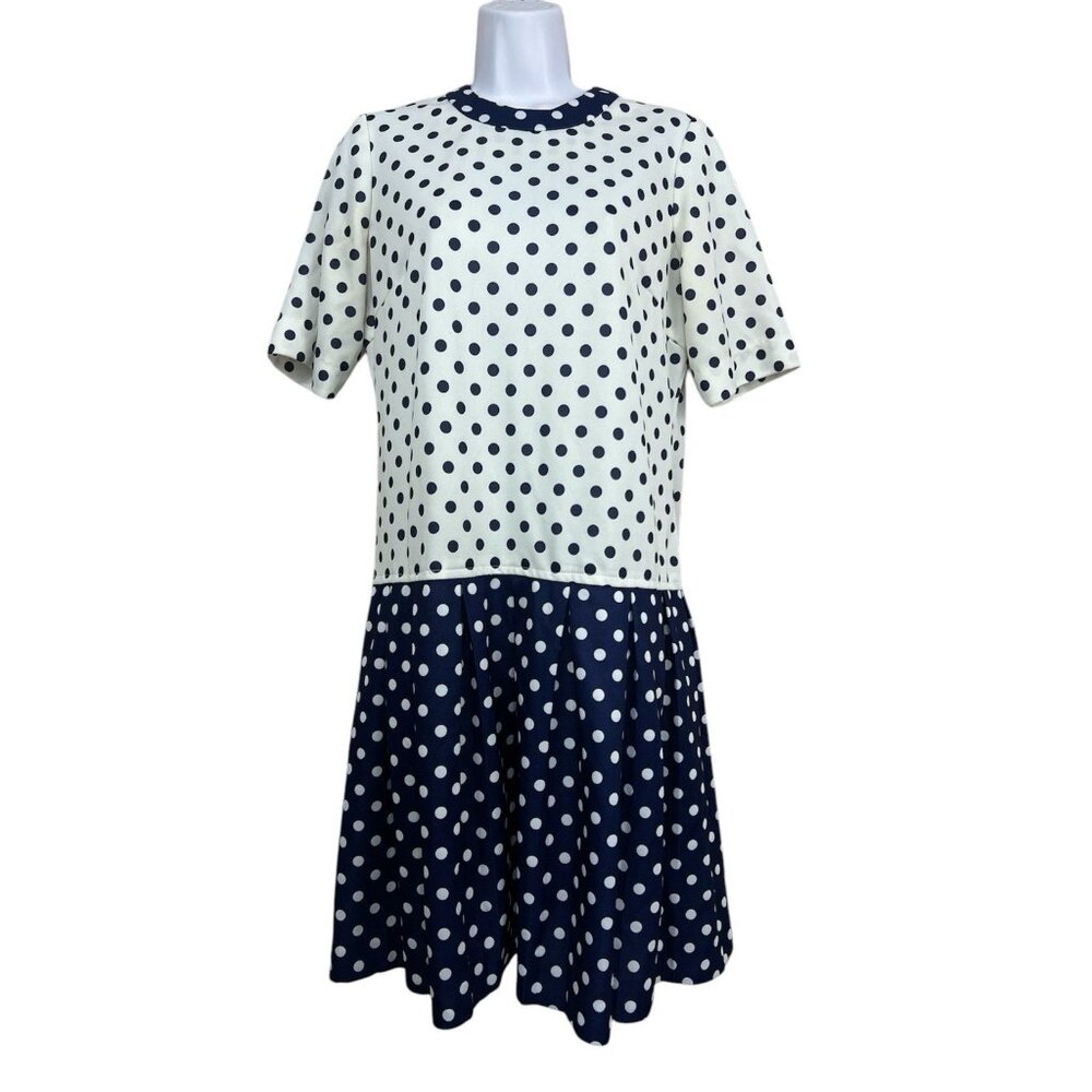 Vintage 60s 70s Mod Polka Dot Drop Waist Dress Sz M Navy Blue‎ White Twiggy USA